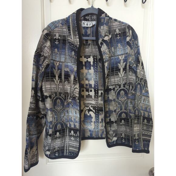 Karen Hart blue fluer de lis pattern jacket size L - Picture 1 of 3